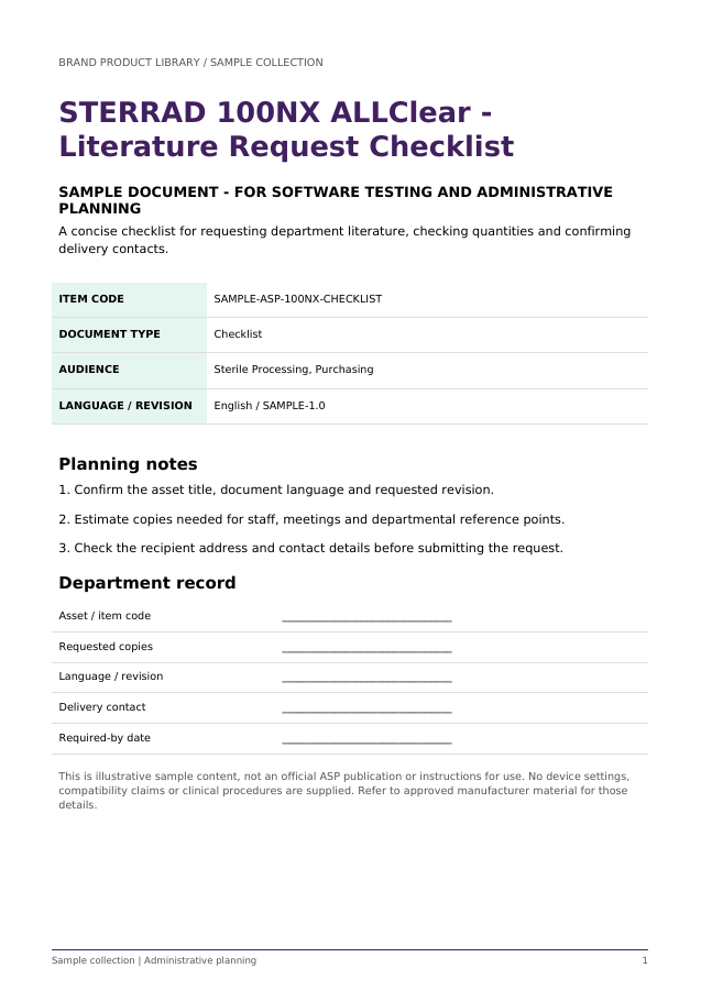 STERRAD 100NX ALLClear - Literature Request Checklist (Sample) - sample document cover