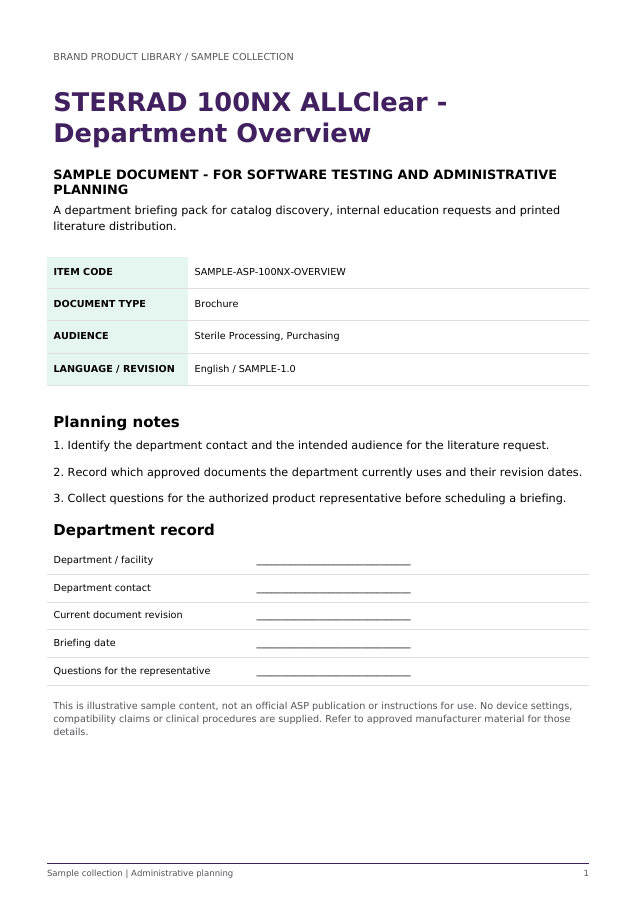 STERRAD 100NX ALLClear - Department Overview (Sample) - sample document cover