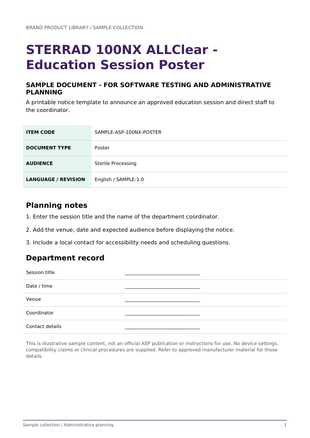 STERRAD 100NX ALLClear - Education Session Poster (Sample) - sample document cover