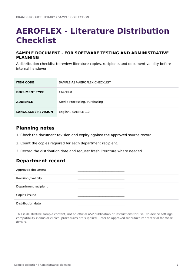 AEROFLEX - Literature Distribution Checklist (Sample) - sample document cover