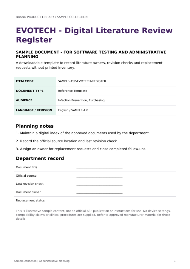 EVOTECH - Digital Literature Review Register (Sample) - sample document cover