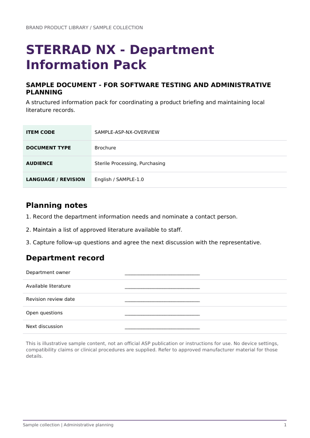 STERRAD NX - Department Information Pack (Sample) - sample document cover