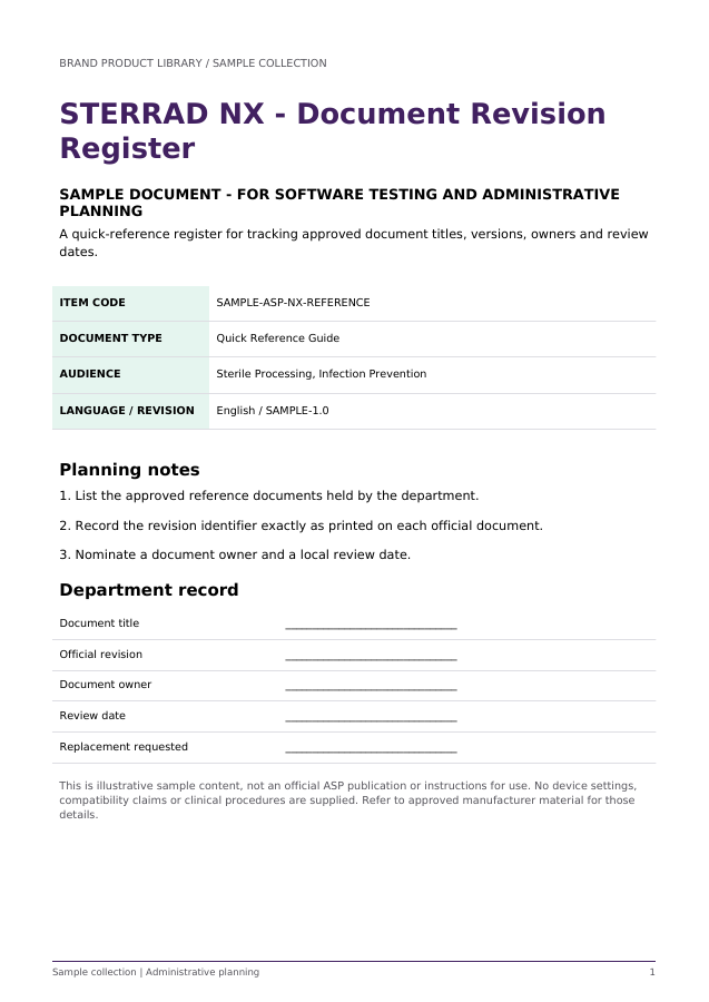 STERRAD NX - Document Revision Register (Sample) - sample document cover